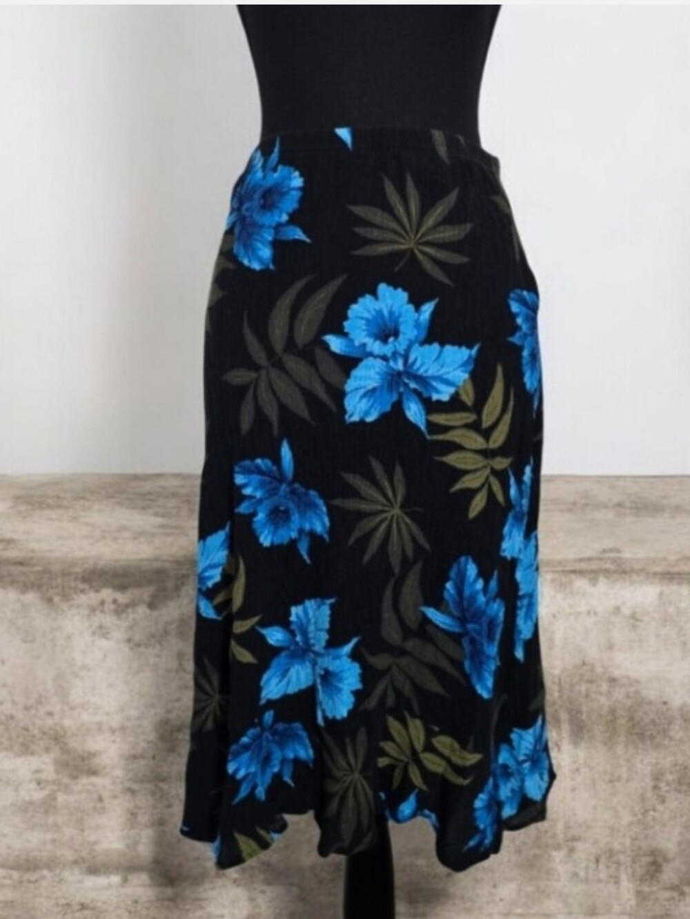 Vintage George Black Midi Skirt with Bright Blue Floral Print